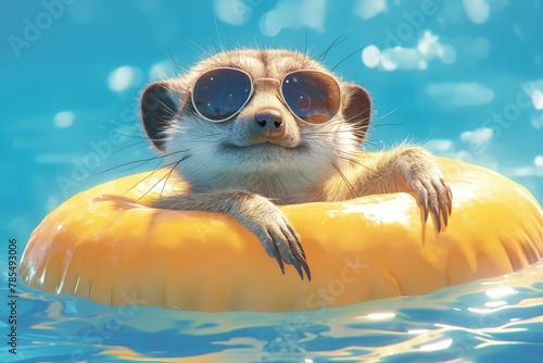 A meerkat wearing sunglasses is sitting on an inflatable ring in the pool. 