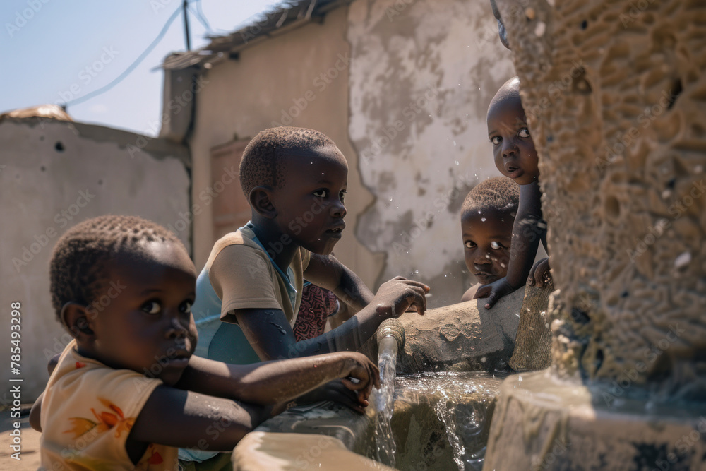 African kids near the water pump. Lack of water, crisis, thirst. Children Protection Day African kids near the water pump. Lack of water, crisis, thirst. Children Protection Day