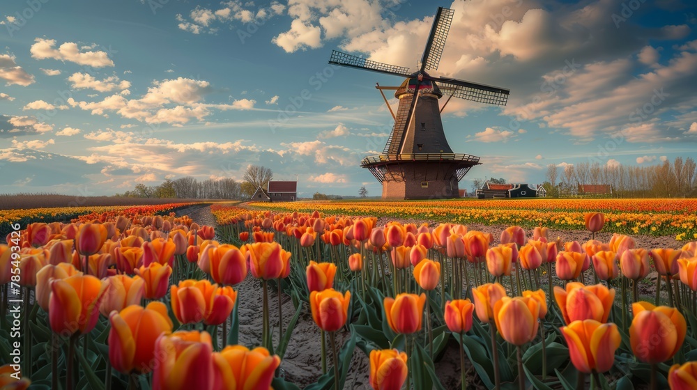 Majestic windmill overlooks the radiant orange and yellow tulip fields in Dutch countryside signaling the bursting spring bloom