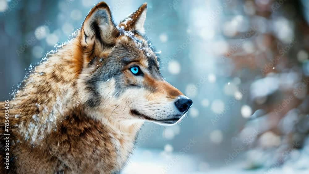 A portrait of a brown and grey wolf with bright blue eyes A portrait of a brown and grey wolf with bright blue eyes