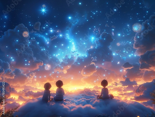 3D cartoon kids on a cloud watching fireworks, night sky with stars