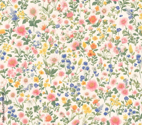 A pattern of small flowers in pink, green and orange on a white background. The design features a variety of tiny blooms with hints of red, peach and yellow 