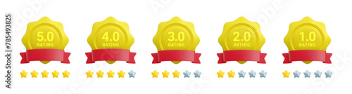 Vector 3d feedback rating concept. Set of gold badge icons with ratings from 1 to 5, red ribbon and star ratings. Customer satisfaction level icon for web, game, app.