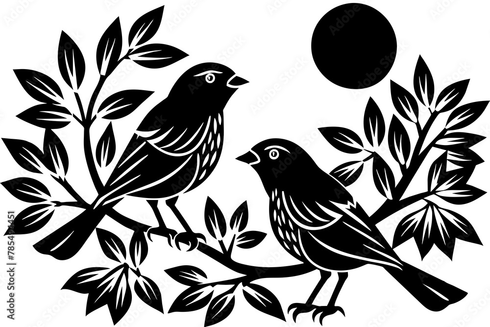 birds on branches, sunny day silhouette vector illustration birds on branches, sunny day silhouette vector illustration