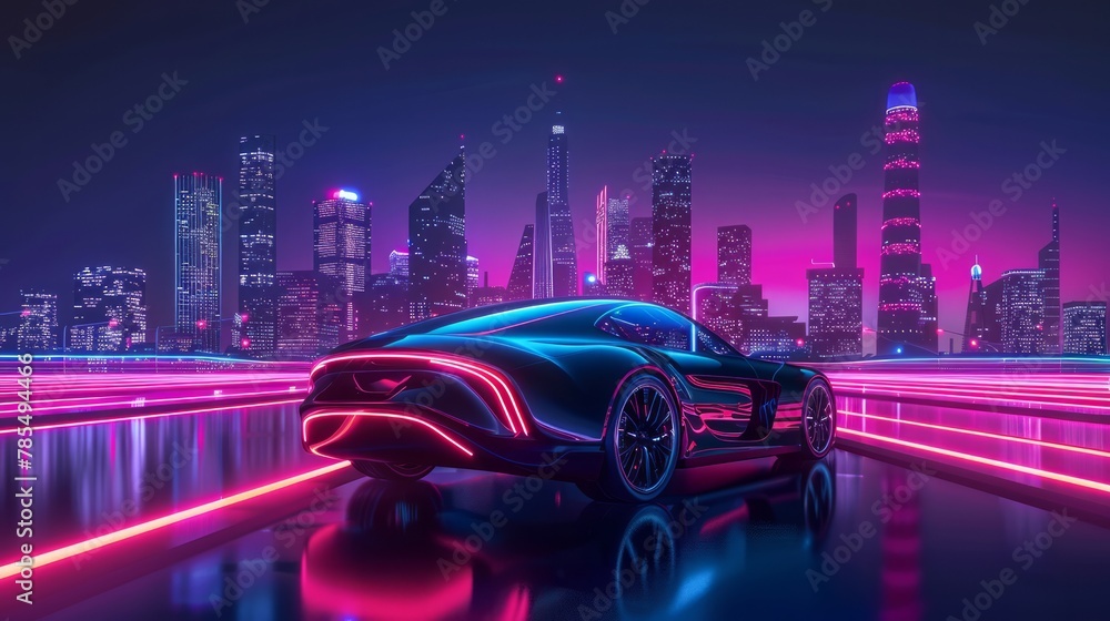 Sleek autonomous electric vehicle navigates through a futuristic smart city under neon lights isolated on a gradient background