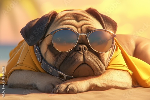 A pug dog wearing sunglasses lounging on the beach with a sunset in the background