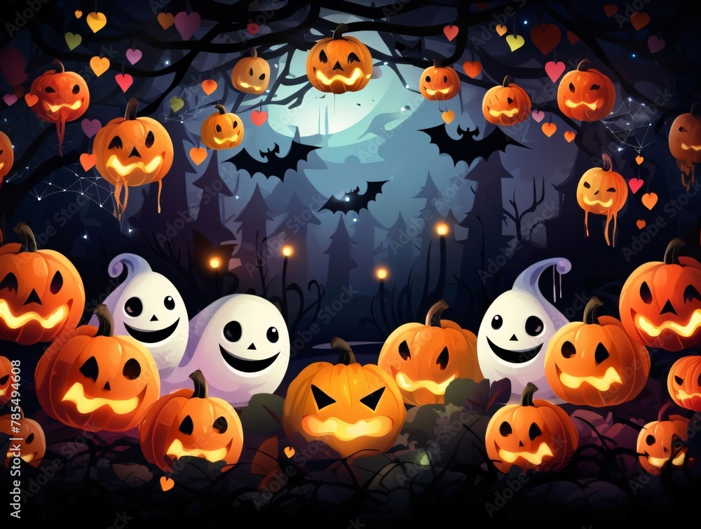 Halloween background with scary pumpkins and bats. Vector illustration.