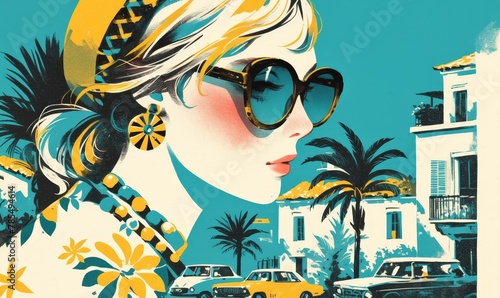 A retro collage style poster of a woman in sunglasses and a hat, with vintage cars on the street behind her, palm trees