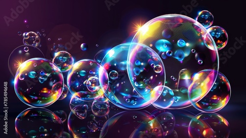Modern illustration of bursting soap bubbles, realistic transparent exploding air bubbles in rainbow colors, isolated on black
