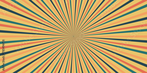 Retro background with curved beams or stripes from the 60s, 70s, 80s. Rotating spiral stripes. Colorful retro wave striped vintage sun flare. Vector illustration