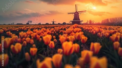 Majestic windmill overlooks the radiant orange and yellow tulip fields in Dutch countryside signaling the bursting spring bloom photo