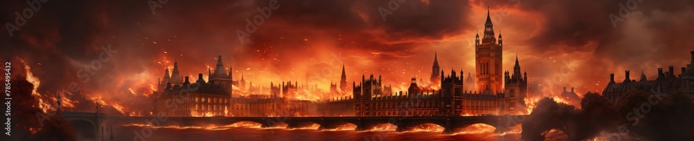 Panoramic view of the Big Ben and the Houses of Parliament during a fire.