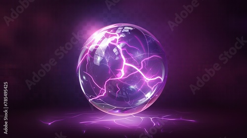 Modern illustration of a magic ball with electric lightning inside isolated on a dark transparent background. Transparent glass sphere for spiritualist sessions with energetic flash. photo