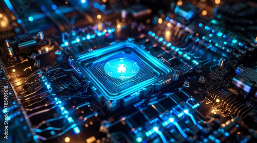Close-up quantum computer processor in a high-tech lab glowing with vibrant blue light amid intricate wiring and metallic surfaces photo