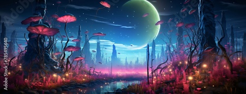 Fantasy landscape with a fantastic alien planet. 3D illustration.