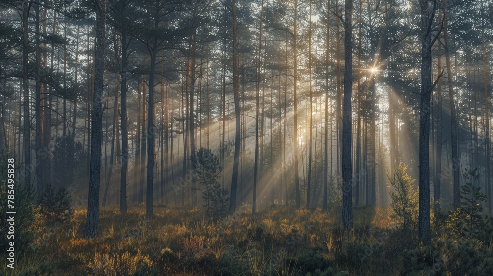 A forest with morning sunlight shining through the trees (Ray of Light)