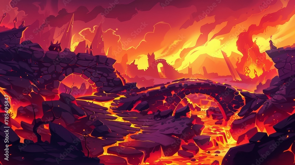 A game background with molten lava or liquid fire, flowing molten lava or liquid fire, and horned skulls in hell, depicted as a cartoon illustration. A game background with molten lava or liquid fire, flowing molten lava or liquid fire, and horned skulls in hell, depicted as a cartoon illustration.