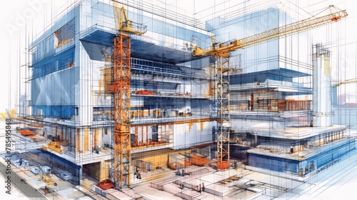 3d rendering of a building under construction with cranes and workers