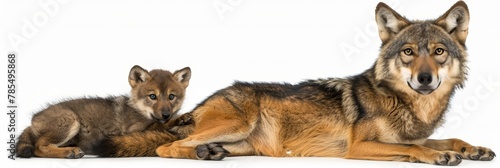 Male wolf and cub portrait with object, spacious area on left for text placement
