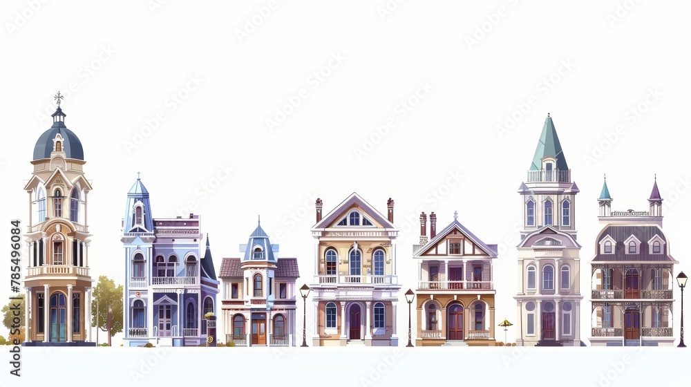 The modern illustration depicts a retro colonial style building on a white background. Old residential and government buildings, Victorian houses can be seen in the background.