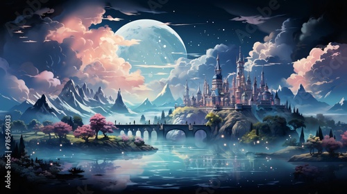 Magic Fairy Tale Landscape with Castle and Bridge. Vector Illustration.
