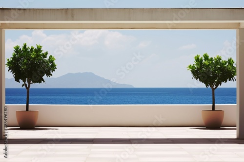 Balcony with sea view and green trees. 3d rendering