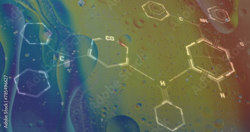Image of chemical formula over bubbles on colorful background