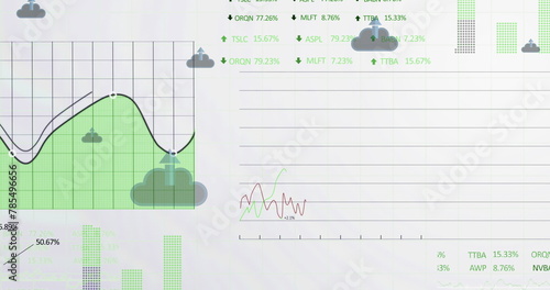 Image of arrow in clouds with multiple graphs and trading boards over white background
