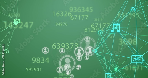 Image of changing numbers, profile icons, spinning globes of digital icons on green background