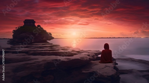 Silhouette of young woman sitting on the rock and watching the sunset