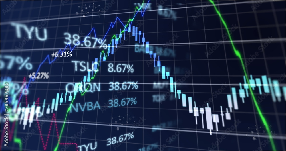 Image of graphs with changing numbers, trading boards and icons over black background