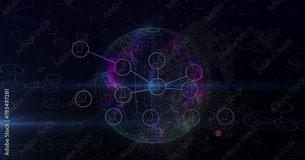 Image of flowcharts of profile icons, lens flare and rotating globe against black background Image of flowcharts of profile icons, lens flare and rotating globe against black background