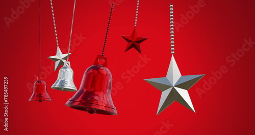 Image of multiple bells and stars hanging and swinging against red background