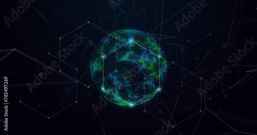 Image of connected dots forming geometric shapes and illuminated globe over abstract background