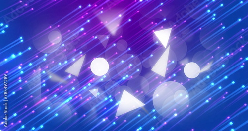 Image of glowing geometric shapes and dots flying against blue background