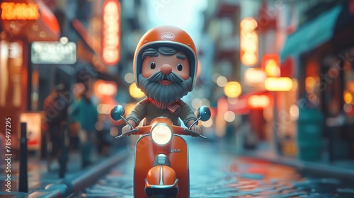 3D cartoon man with a beard on a scooter, urban street background photo