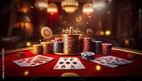 Poker chips and cards on red casino table. 3d rendering