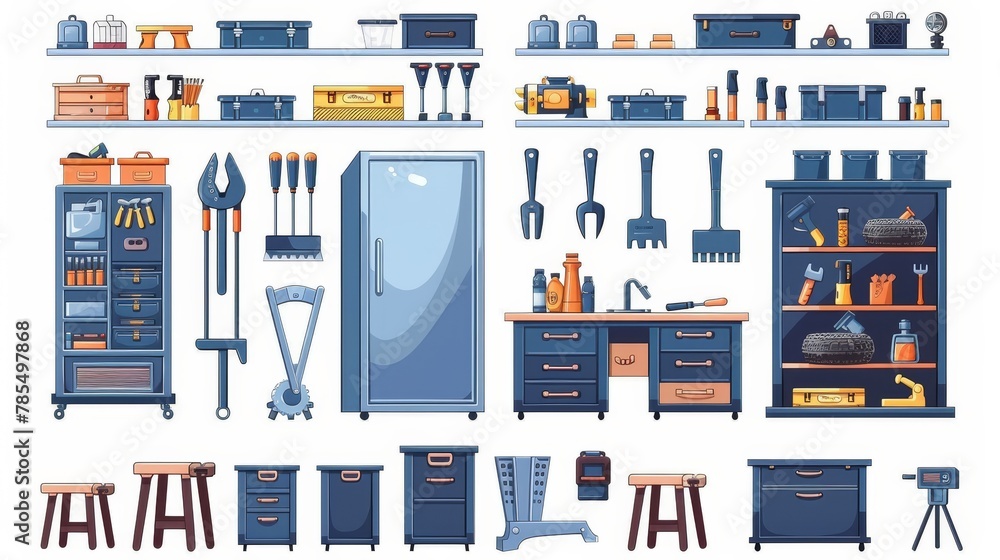 This is a modern cartoon interior of a workshop or storeroom with construction tools, tables, shelves, and an old refrigerator isolated on a white background.