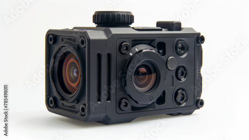 A black action camera on white background