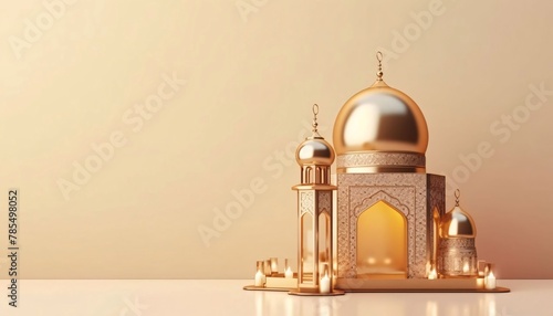 3d rendering of mosque with golden dome and lanterns on table