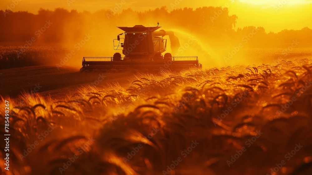 Fototapeta premium A harvester moving through a field of wheat at dusk, its silhouette casting long shadows, accompanied by a banner of infographics detailing the annual grain production and consumption rates.
