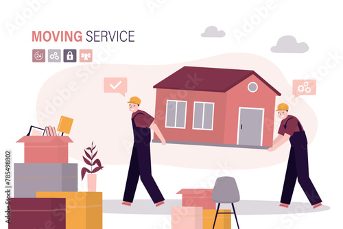 Relocation, professional delivery company, loader service and moving to new house, Workers carry house building, cardboard boxes and furniture.