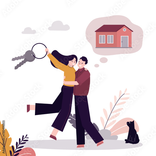 People hug and celebrate housewarming. Young family with keys to their house or apartment. Buying home or profitable mortgage concept. Couple in love invests money in real estate