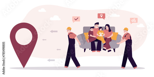 Family moving into new house with things. Parents and children sitting on sofa, loaders carry couch with happy family. Move service, relocation, logistic.