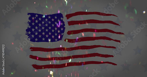 Image of multi coloured confetti falling over american flag