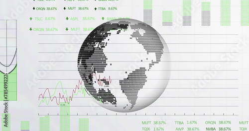 Spinning globe icon and stock market and financial data processing against white background