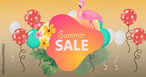 Image of summer sale text over flamingo and balloons on orange background