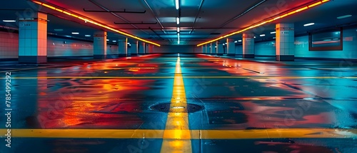 Neon-Lit Surreal Parking Space - Symmetry and Silence. Concept Neon Lit, Surreal, Parking Space, Symmetry, Silence