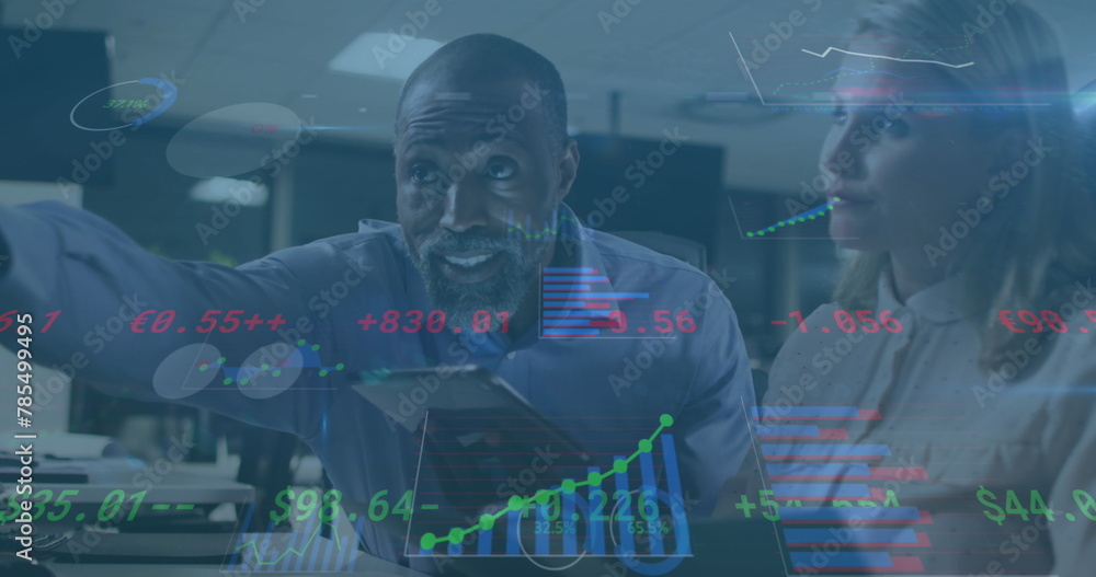 Obraz premium Image of financial data processing over diverse business people talking