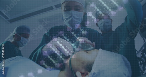 Image of dna strand and data processing over patient and diverse surgeons with face masks